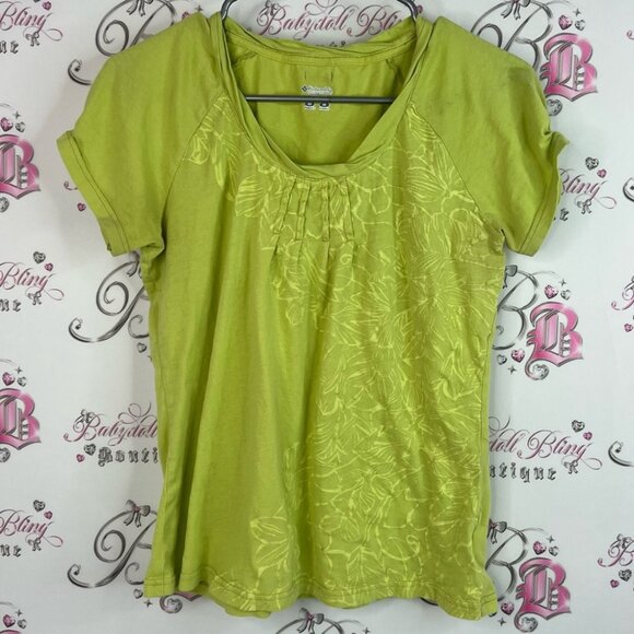 Columbia tshirt tee floral flowers pleated Lime Green Women's Blouse - Picture 1 of 8